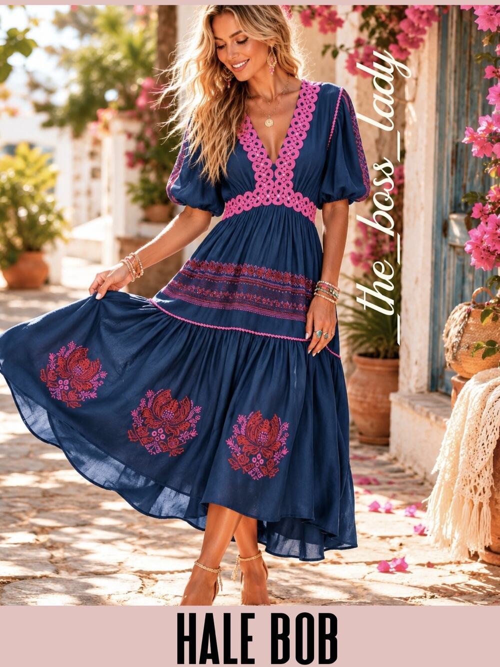 Hale Bob embroidered dress midi balloon sleeves tiered skirt Large